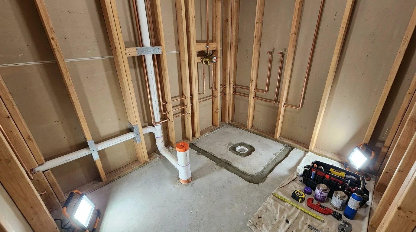 Bathroom rough-in plumbing during remodel by Johns Plumbing LLC in Inglewood