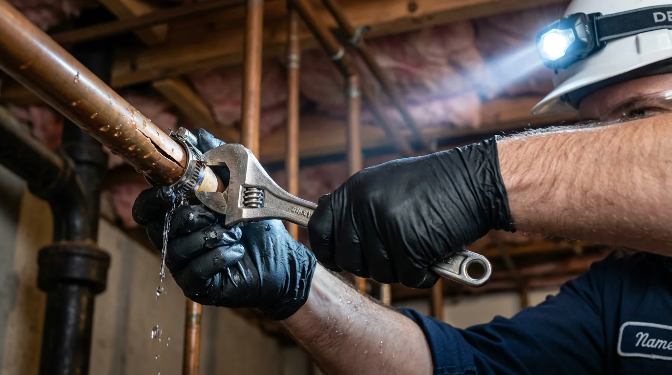 Emergency pipe clamp repair being performed by a Johns Plumbing LLC plumber in Inglewood