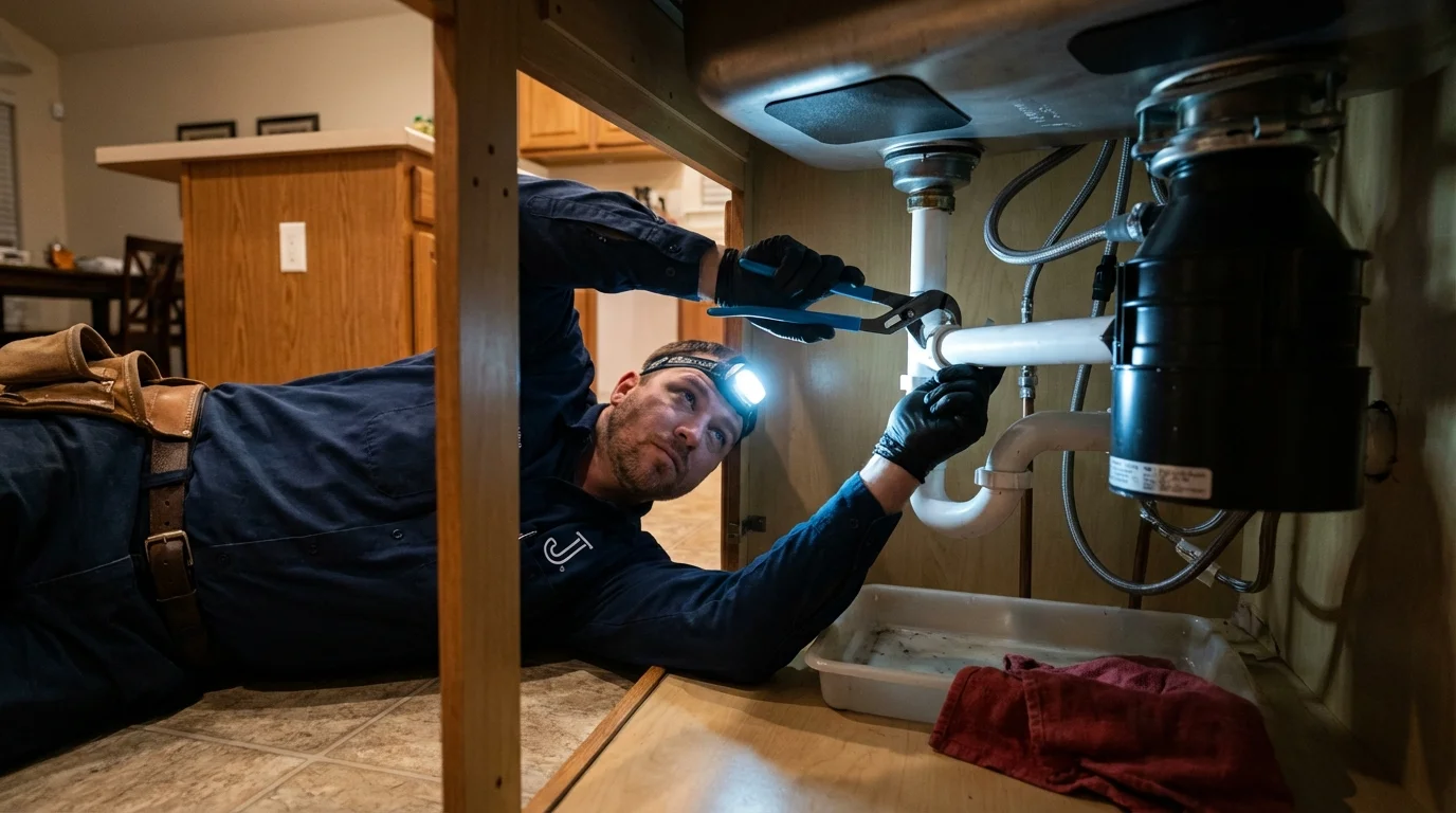 P-trap and supply line connections under a kitchen sink showing a common leak point in Inglewood, CA